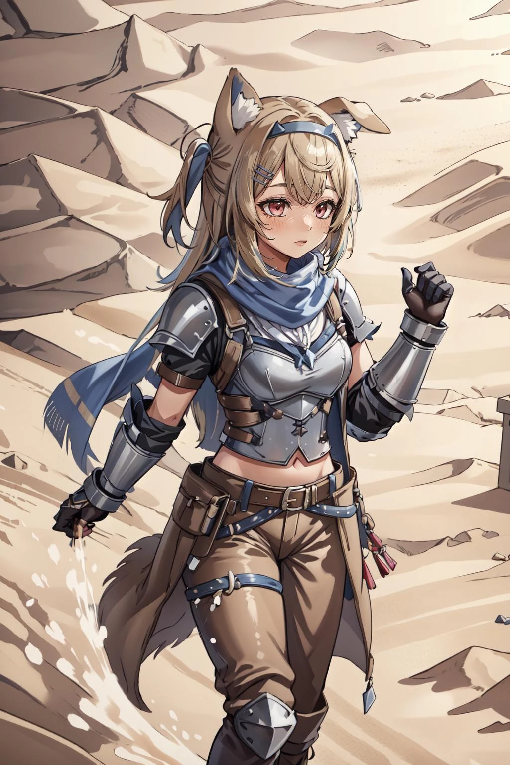 (masterpiece, best quality), intricate details,
1girl, <lora:Fuwawa_Abyssgard-10 (DeMonkey):0.8> fuwawa_abyssgard , dog ears,
<lora:Clothing - DesertPunk Armor:0.45> des3rt4rmor, scarf, pauldrons, armor, armored skirt, brown pants, desert, sand, sand dunes,