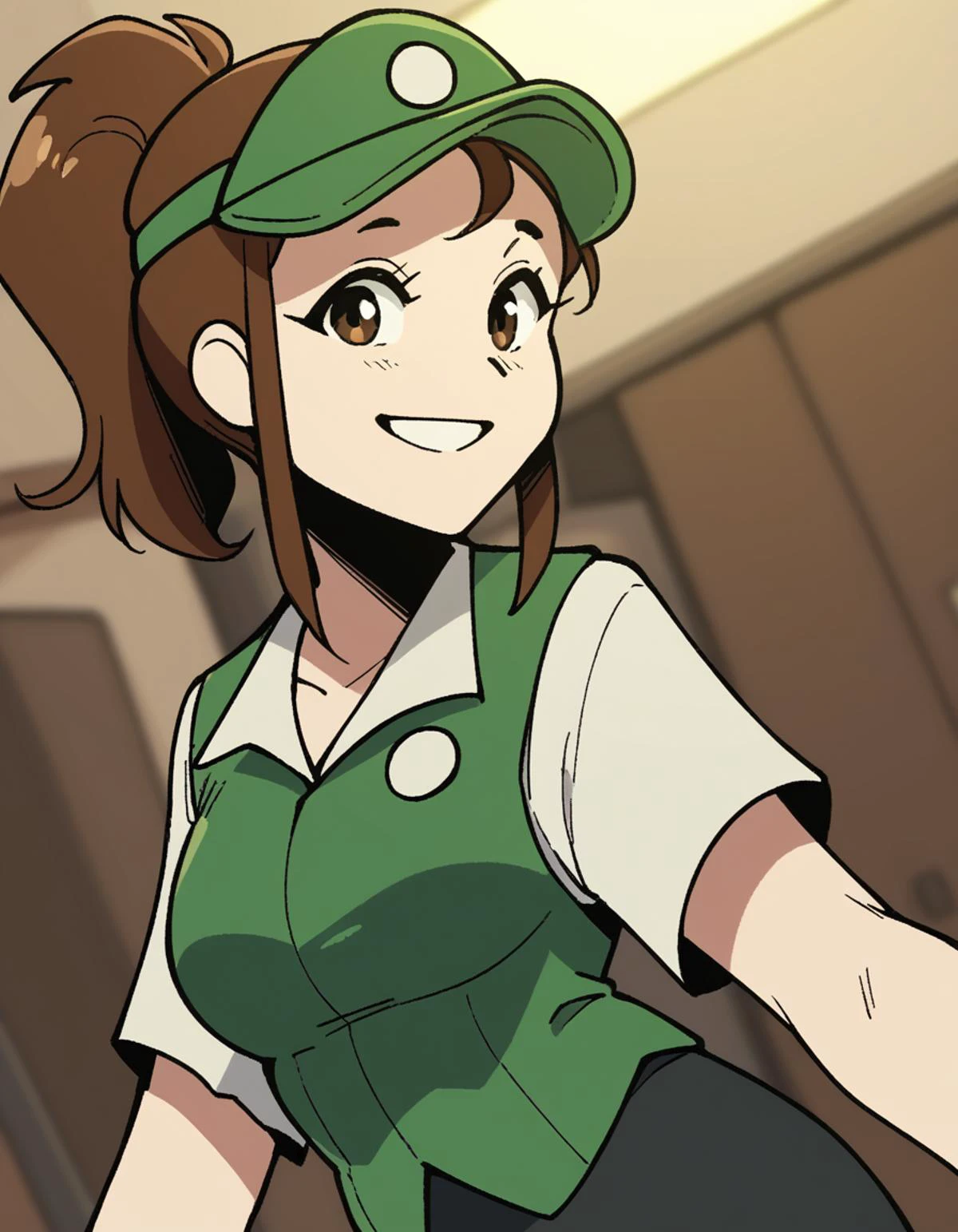 score_9, score_8_up, score_7_up, source_anime,
baristaeli, <lora:barista-eli-tailblazer-ponyxl-lora-nochekaiser:1>,
eli, brown hair, brown eyes, ponytail, sidelocks,
skirt, shirt, hat, white shirt, short sleeves, vest, green headwear, visor cap, green vest,
indoors, smile,
cowboy shot, looking at viewer, solo, dutch angle,