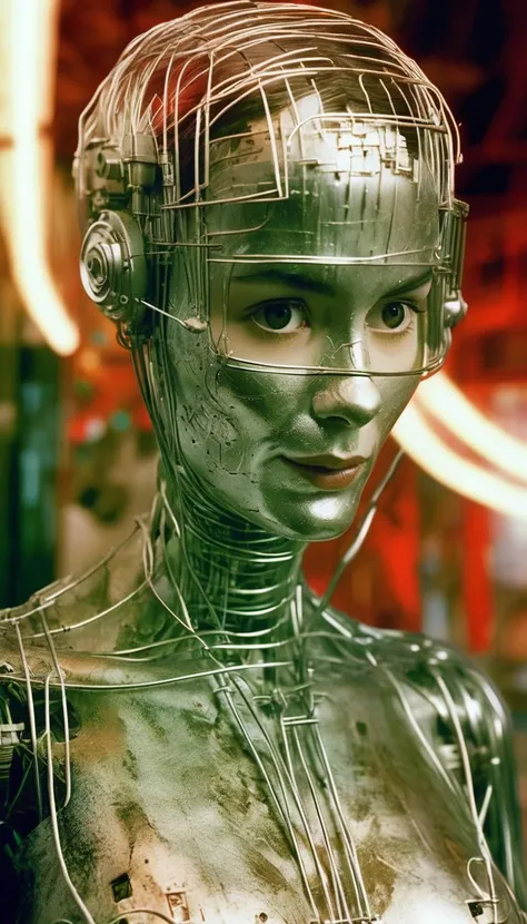 <lora:Aether_Amelie_v1_SDXL_LoRA:1> photo of amelie as a translucent robot made of chrome and wires, cinematic, intricate, heavy grain