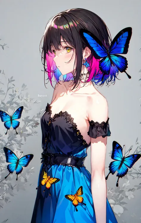 1girl, bangs, bare_arms, bare_shoulders, blue_butterfly, blue_dress, bug, butterfly, butterfly_on_hand, butterfly_wings, collarbone, dress, earrings, grey_background, jewelry, looking_away, multicolored_hair, profile, short_hair, solo, strapless, strapless_dress, wings, yellow_butterfly <lora:style_Ashima:1>