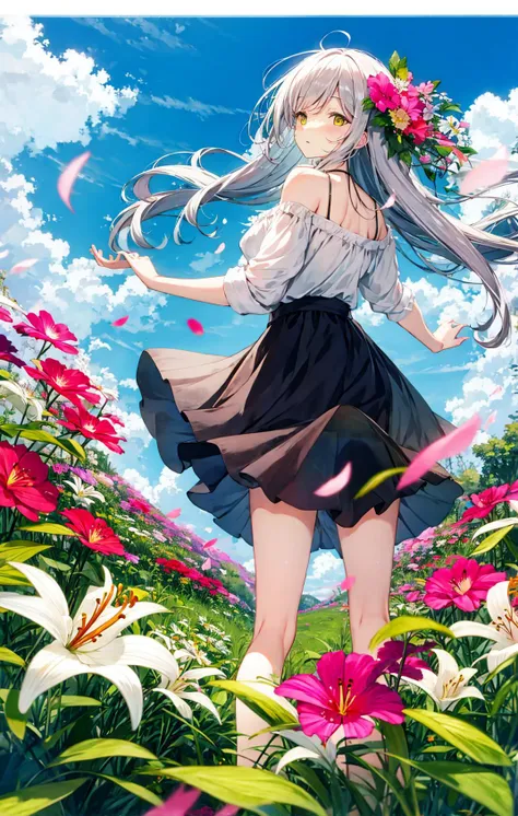 1girl, bangs, bare_shoulders, bicycle, black_skirt, blue_sky, cloud, daisy, day, field, flower, flower_field, hair_flower, hair_ornament, hibiscus, horizon, lily_\(flower\), long_hair, looking_at_viewer, looking_back, ocean, orange_flower, outdoors, petals, petals_on_liquid, pink_flower, purple_flower, red_flower, ribbon, scenery, silver_hair, skirt, sky, solo, spider_lily, standing, very_long_hair, water, white_flower, white_shirt, wind, yellow_flower <lora:style_Ashima:1>