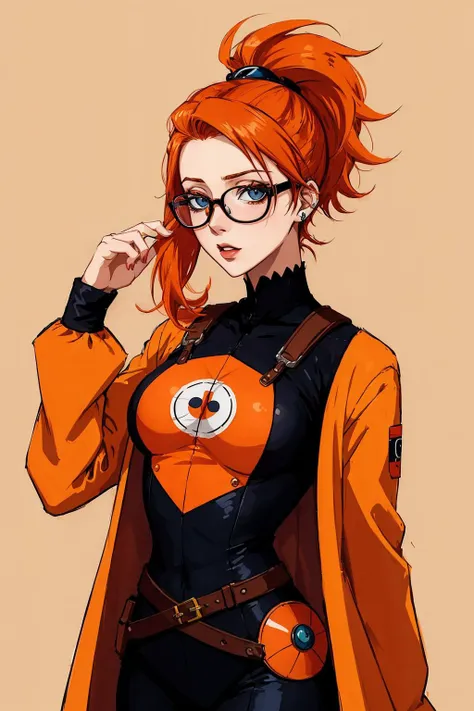 1girl, nerdy, <lora:nerdy_fc_v1.0.safetensors:0.5>, glasses, anime, absurdres illustration,, portrait of woman by Flora Borsi, style by Flora Borsi, bold, bright colours, orange Mohawk haircut, ((Flora Borsi))