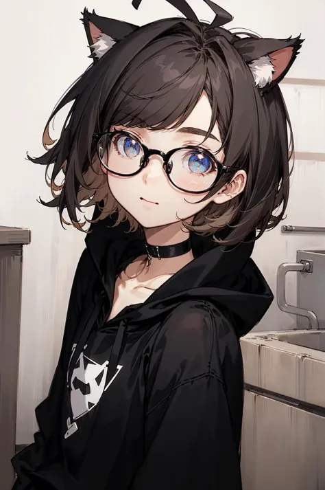 nerdy,(masterpiece,best quality,highres,ultra_detailed:1.2),
1girl,solo,flat_chest,petite,detailed_face,ahoge,detailed_eyes,
(short_chopped_hair:1.5), (cat_ears:1.1), (black_hoodie,oversized:1.2),choker,long_bangs,(hood_down),glasses,
(detailed_background),indoors <lora:nerdy_fc_v1.0.safetensors:0.7>