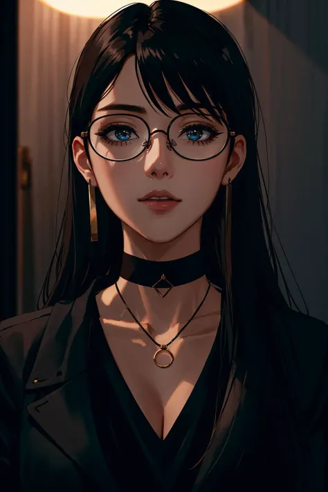 glasses, choker, <lora:Aesthetic-Portrait-V2:1>, dark, rim lighting, two tone lighting, dimly lit, low key, ,<lora:epi_noiseoffset2:1>
