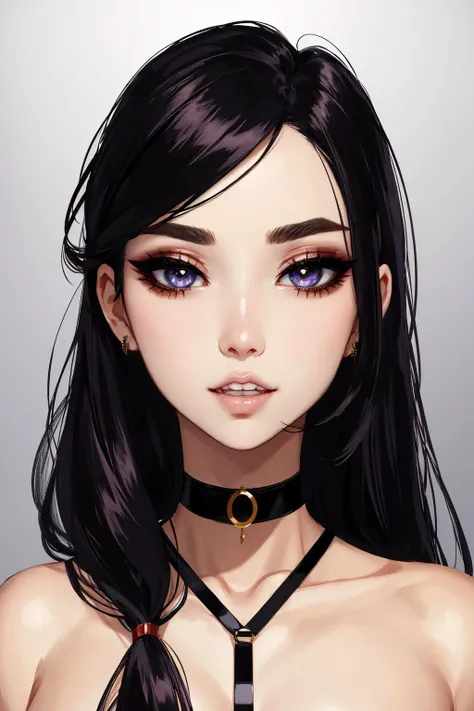choker, <lora:Aesthetic-Portrait-V2:1>, eyes, eyeshadow, pupils, eyebrows, nose, lips, teeth, face, hair, long hair, 1girl, solo