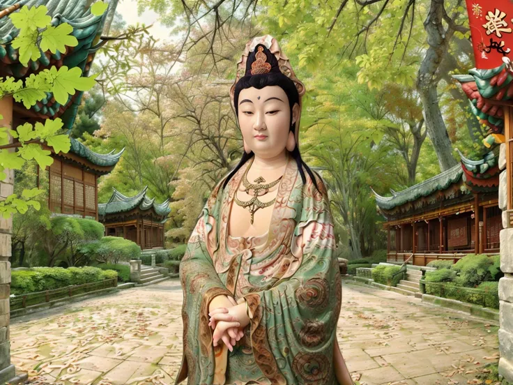 Best quality, masterpiece, 1 woman, full body portrait, detailed face, beautiful eyes, Eyes slightly open, in autumn ginkgo forest, ancient Chinese architecture, ancient architecture of Tang dynasty, very detailed background. solo