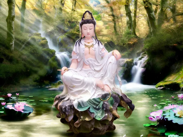 Guanyin sitting on a lotus flower seat, Guanyin Bodhisattva, Avalokitesvara, Chinese temples scattered in the forest not far away, waterfall cascading into a lake or stream in the background, mountains and briliant small lake in the background, Lotus in the foreground, Clear and distinct fingers, clear and distinct toes, clear and distinct facial features,jewelry, leaf, lily flower, lily_pad, necklace, plant, solo, chinese temple, path, cherry blossom,Best quality, masterpiece, 1 woman, full body portrait, detailed face, beautiful eyes, Eyes slightly open, in autumn ginkgo forest, ancient Chinese architecture, ancient architecture of Tang dynasty, very detailed background. solo