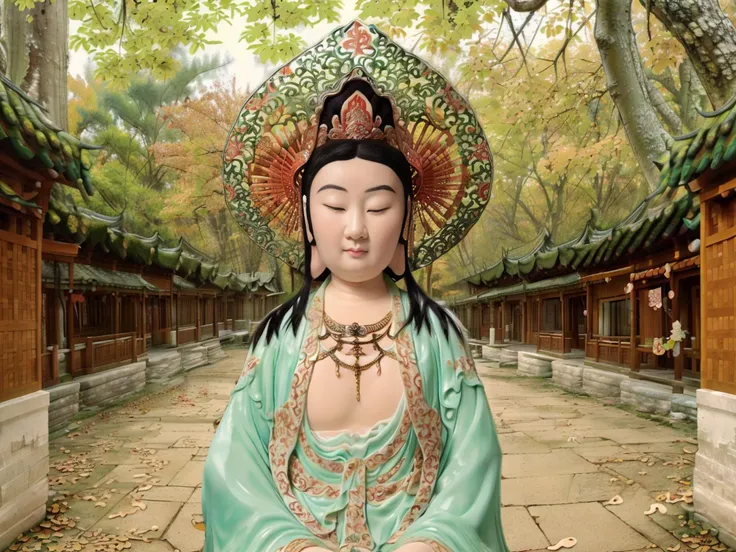 Best quality, masterpiece, 1 woman,  full body portrait, detailed face, beautiful eyes, Eyes slightly open, in autumn ginkgo forest, ancient Chinese architecture, ancient architecture of Tang dynasty, very detailed background. solo