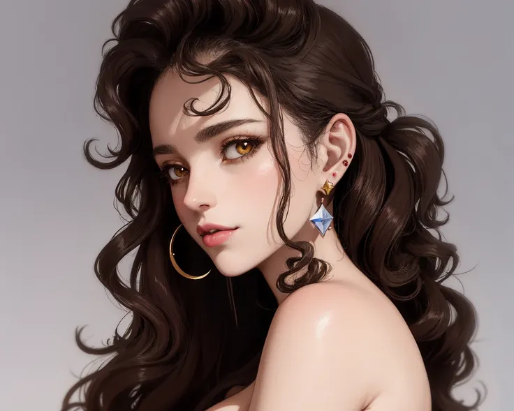 portrait, A place where the stars are made of glass and the moon is made of cheese, Chanteuse, Average Height, Skinny, Diamond-Shaped Face, Olive Skin, Dark Brown Hair, Brown Eyes with Green Flecks, Wide Nose, Full Lips, Round Chin, Shoulder-Length Hair, Curly Hair, Voluminous Waves, saggy breasts, Huggie earrings, violet velvet lipstick, tonalism oil painting