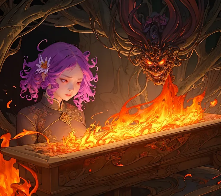 masterpiece, intricate, lily \(flower\) , organic fire , (woman:0.8), branches , creature and personification, curly hair , decepticon, lamia, (particleA, paccelerator:0.8), ghost, hitodama , (horror \(theme\):1.2), astral cosmic horror, wuxia <lora:wuxia:0.7>
