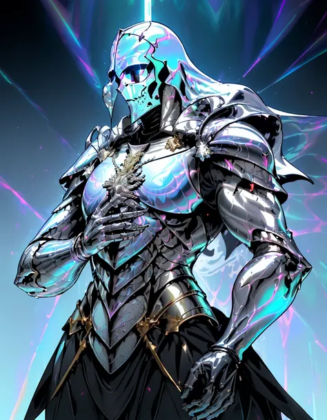 gigantic body, muscle-bound body ,man, shiny gold armor, holy crusader, protecting, halt you have violated the law, from below, open hand, showing open hand looking at viewer, 6 wings of light
,(Iridescent, holographic, holography):1.5, chromatic abberation  <lora:skeleton:0.7>