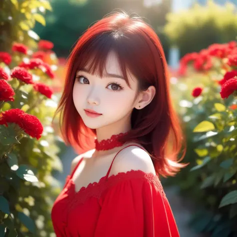 1 girl, young,asian,cute face, hair red, perfect face, perfect details on face, perfect eyes,mouth and nose , cute outfit dress colour red, on the garden, cute details, sun leds, background blur. <lora:risaoribe:1>