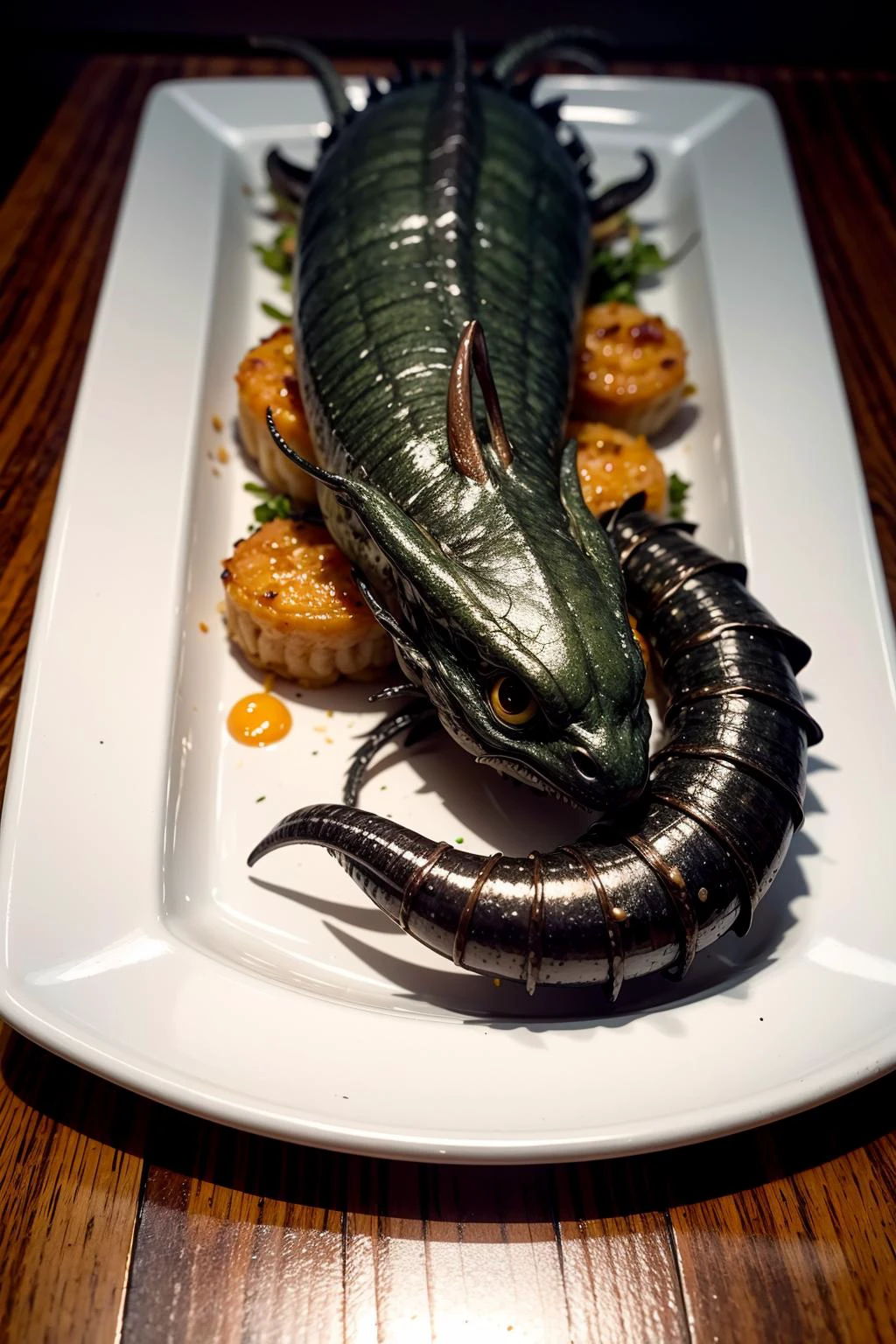 (cooked:1.2) (leviathandef:1.3) on plate, (food photography:1.2), centered, 8k, F2.8, RAW Photo, ultra detailed, extremely detailed <lora:spleviathan-10:0.8> <lora:add_detail:0.8>