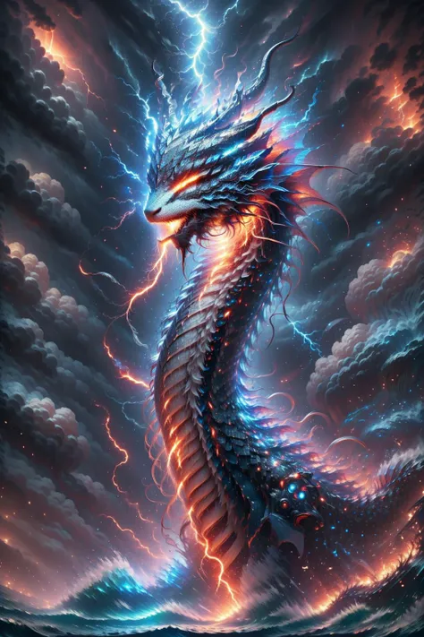 masterpiece, best quality, <lora:spleviathan-10:1> leviathandef, no humans, glowing eyes, water, red skies, <lora:ragingstorm-nvwls-v1:1> ragingstorm, lightning