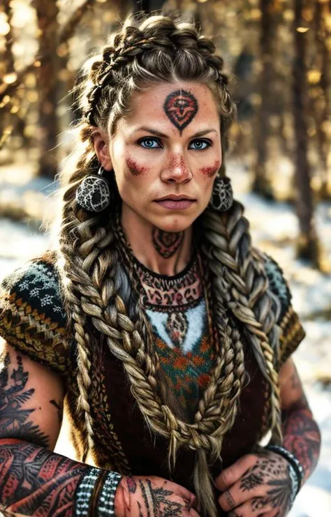 Tribal style scandinavian girl, braided hair, viking, intense eyes, depth of field, blurry background, voluminetric light, 8k wallpaper, snow, trees, sunshine,  stunning portrait, hdr, <lora:braided_viking:0.8>, hair ornaments, hair clip, tattoo . Indigenous, ethnic, traditional patterns, bold, natural colors, highly detailed