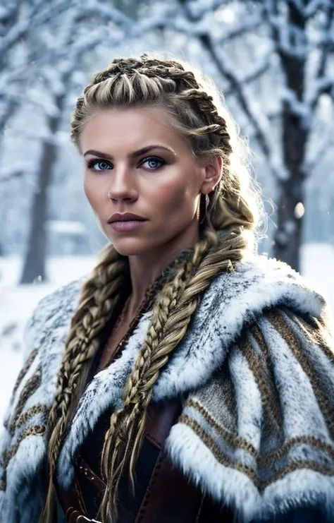 cinematic film still scandinavian girl, braided hair, viking, intense eyes, depth of field, blurry background, voluminetric light, 8k wallpaper, snow, trees, sunshine,  <lora:braided_viking:1> . shallow depth of field, vignette, highly detailed, high budget, bokeh, cinemascope, moody, epic, gorgeous, film grain, grainy