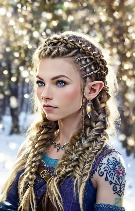 Legend of Zelda style scandinavian girl, braided hair, viking, intense eyes, depth of field, blurry background, voluminetric light, 8k wallpaper, snow, trees, sunshine,  stunning portrait, hdr, <lora:braided_viking:0.8>, hair ornaments, hair clip, tattoo . Vibrant, fantasy, detailed, epic, heroic, reminiscent of The Legend of Zelda series