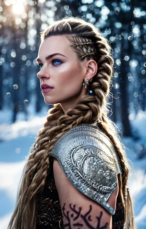 cinematic photo scandinavian girl, braided hair, viking, intense eyes, depth of field, blurry background, voluminetric light, 8k wallpaper, snow, trees, sunshine,  stunning portrait, hdr, <lora:braided_viking:0.8>, hair ornaments, hair clip . 35mm photograph, film, bokeh, professional, 4k, highly detailed