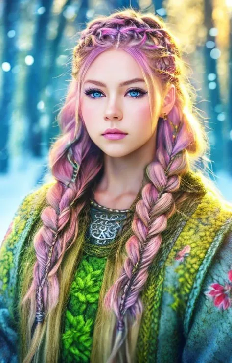 anime artwork scandinavian girl, braided hair, viking, intense eyes, depth of field, blurry background, voluminetric light, 8k wallpaper, snow, trees, sunshine,  stunning portrait, hdr, <lora:braided_viking:0.8>, hair ornaments, hair clip, tattoo . anime style, key visual, vibrant, studio anime,  highly detailed