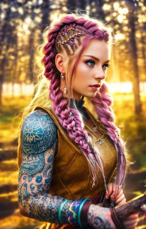 anime artwork scandinavian girl, braided hair, viking, intense eyes, depth of field, blurry background, voluminetric light, 8k wallpaper, snow, trees, sunshine,  stunning portrait, hdr, <lora:braided_viking:0.8>, hair ornaments, hair clip, tattoo . anime style, key visual, vibrant, studio anime,  highly detailed