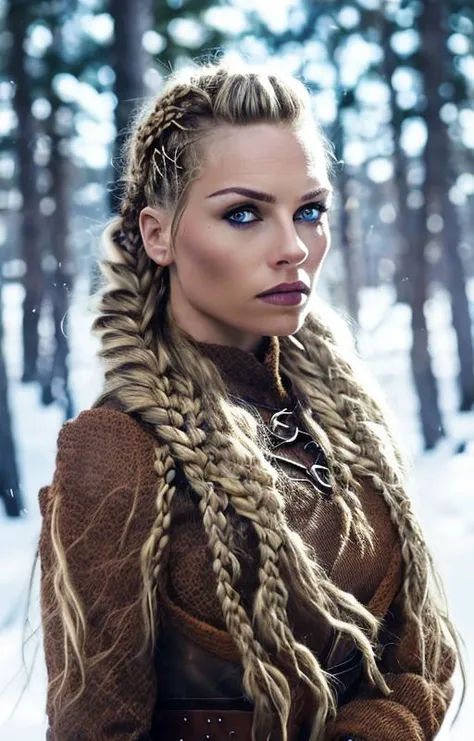 cinematic photo scandinavian girl, braided hair, viking, intense eyes, depth of field, blurry background, voluminetric light, 8k wallpaper, snow, trees, sunshine,  <lora:braided_viking:1>, stunning portrait, hdr . 35mm photograph, film, bokeh, professional, 4k, highly detailed