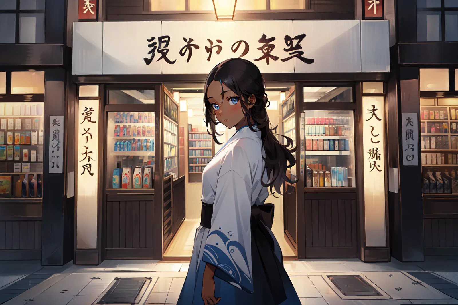 (masterpiece, best quality), intricate details,
1girl, <lora:katara-10:0.8> katara, dark skin, dark-skinned female
<lora:japan stores:0.8> standing in front of japanese store, storefront,