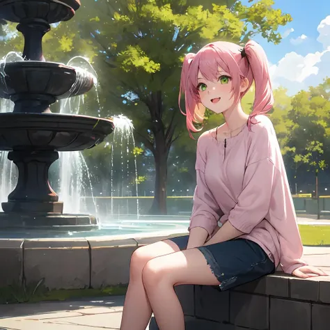 (masterpiece, best quality), 1girl, pink hair, twintails, green eyes, sitting, park, fountain, trees, blue sky, cloudy sky, casual clothing, happy, extremely detailed background, cinematic lighting <lora:GoodHands-vanilla:0.7>