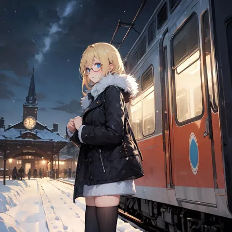 (masterpiece, best quality), 1girl, blonde hair, glasses, blue eyes, fur coat, thighhighs, outside, outdoors, buildings, night, starry sky, train station, snowy, cozy