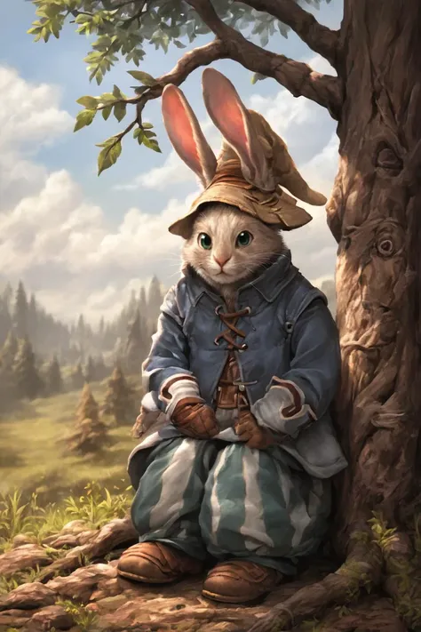 score_9, score_8_up, source_anime, rating_safe, Fantasy, Harengon, rabbit earsm fur, whiskers, anthro, <lora:RPGHarengonXL:1>, 1boy, green eyes, bmcostume, <lora:BlackMageCostumeSDXL-V1:1>, leaving back against tree, weapons, centered, portrait, Hulking, Grasslands, distant mountains, photorealistic, facing viewer. impressionist painting, Morning, up close, detailed face, face focus, full body, solo, looking at viewer,