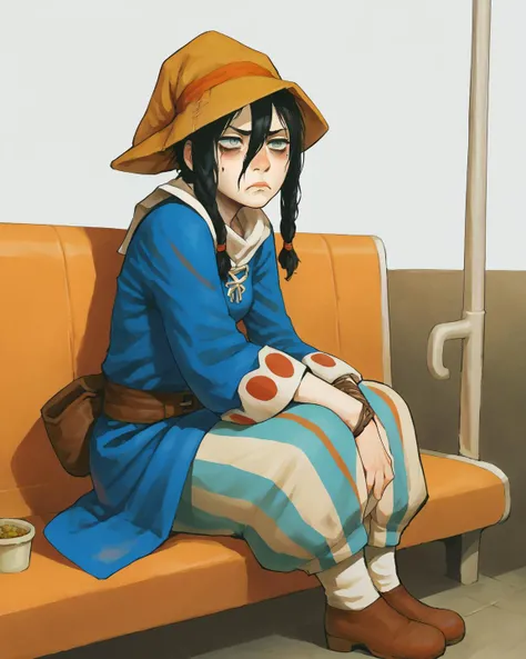 score_9, score_8_up, score_7_up, rating_safe, (solo:1.25), medieval fantasy, BREAK, 
 <lora:BlackMageCostumeSDXL-V1:0.75>, 
a bored young woman with downturned grey eyes and her black hair in a braid, hair between eyes, bags under eyes, pale skin, wearing a (bmcostume:1.25), 
full_body,  sitting in a subway car, 
 <lora:Afrobull-1024-Prodigy-UNET:0.55>, <lora:incase_v14:0.65>, <lora:samulora-xl-lite_001:0.5>