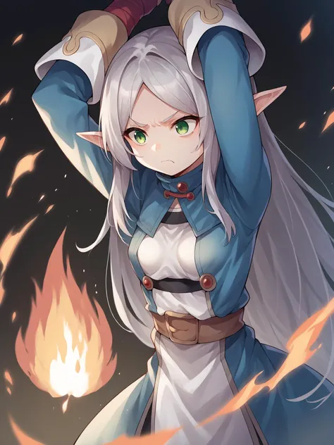 score_9, score_8_up, score_7_up, score_6_up, score_5_up, score_4_up, BREAK, source_cartoon, source_anime,
1girl, solo,<lora:frieren_nereirfpnxl_pony_v2:0.8> nereirfpnxl, frieren, 1girl, pointy ears, long hair, breasts, green eyes, grey hair, very long hair, small breasts, bangs, parted bangs,
<lora:BlackMageCostumeSDXL-V1:1>, bmcostume, angry, hands over head, fireball