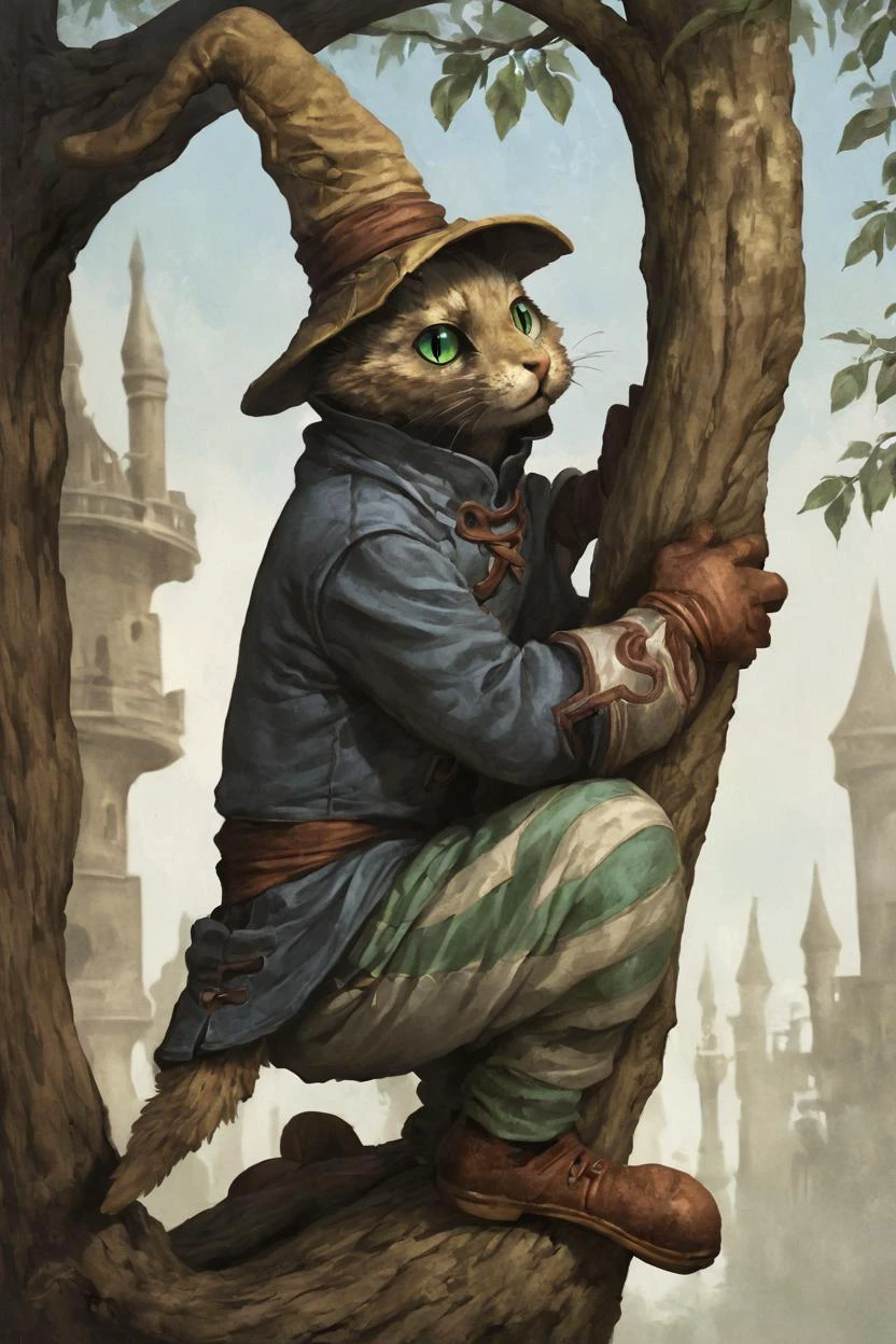 score_9, score_8_up, source_anime, rating_safe, Fantasy, Tabaxi, fur, slit pupils, whiskers, anthro, <lora:RPGTabaxiXL:1>, 1boy, green eyes, bmcostume, <lora:BlackMageCostumeSDXL-V1:1>, leaving back against tree, weapons, centered, portrait, Tall, Castle, , photorealistic, from the side. impressionist painting, Noon, up close, detailed face, face focus, full body, solo, looking at viewer,