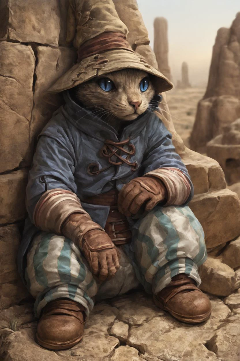 score_9, score_8_up, source_anime, rating_safe, Fantasy, Tabaxi, fur, slit pupils, whiskers, anthro, <lora:RPGTabaxiXL:1>, 1boy, blue eyes, bmcostume, <lora:BlackMageCostumeSDXL-V1:1>, Prayer, weapons, centered, portrait, Hulking, Desert, distant watchtower, photorealistic, facing viewer. impressionist painting, Morning, up close, detailed face, face focus, full body, solo, looking at viewer,