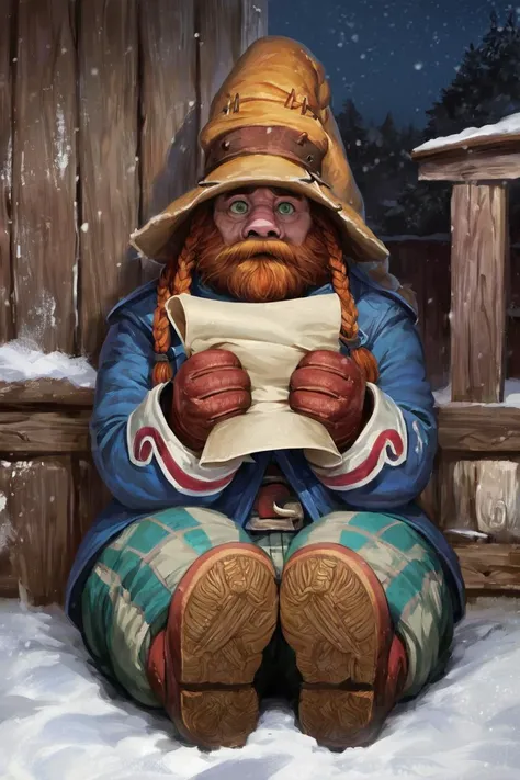 score_9, score_8_up, source_anime, rating_safe, Fantasy, dwarf, 1boy, long braided hair, ((long beard)), bushy beard,bmcostume, <lora:BlackMageCostumeSDXL-V1:1>, light green eyes, Sitting, holding scroll, centered, portrait, Arctic, snow, , photorealistic, facing viewer, Night, up close, detailed face, face focus, full body, solo, looking at viewer, ((short stack))