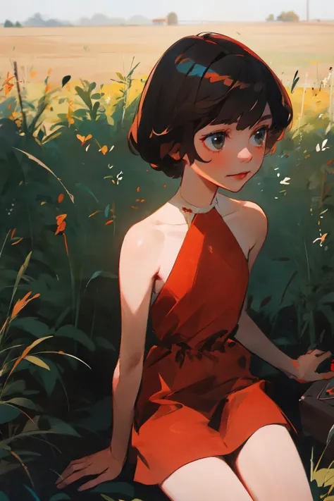 Masterpiece, (us:1.1), (1girl, cowboy shot), young girl sitting on a grass, short red dress, small black box, <lora:alisaselezneva:0.8>