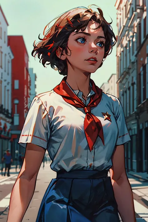 Masterpiece, (us:1.1), (1girl,cowboy shot), short sleeves, collared shirt, medium blue skirt, white shirt, red neckerchief, red star pin, <lora:alisaselezneva:0.8>