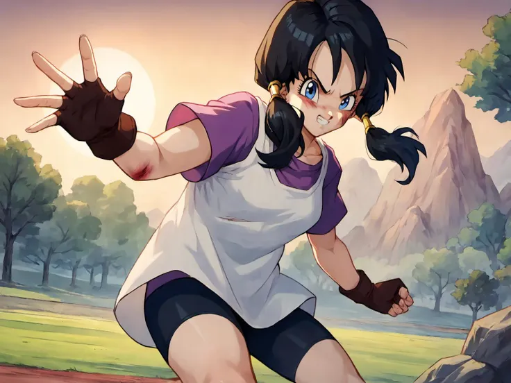 Videl, 1girl,  blue eyes, shadows,  blue eyes, pigtails, white shirt, purple shirt,  <lora:VidelSDXLMulti-Test-16-16-C-Test-2:0.85>, masterpiece, best quality,  absurdres, perfect lighting, score_9,  score_8_up, score_7_up source_anime, fighting pose, fingerless gloves, bike shorts, open field, trees, rocks, looking at viewer, scratches