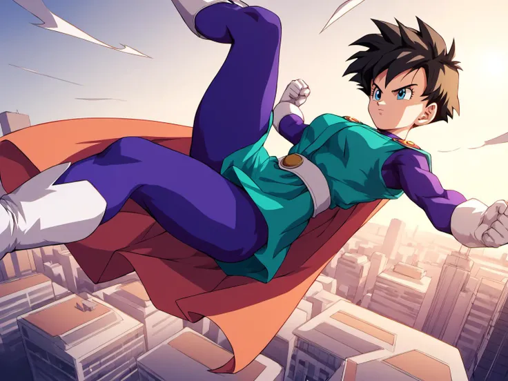 Saiyawoman, 1girl,  blue eyes, (cape:0.8), shadows, cityscape,  blue eyes, short hair, spiked hair,  <lora:VidelSDXLMulti-Test-16-16-C-Test-2:0.85>, masterpiece, best quality,  absurdres, perfect lighting, score_9,  score_8_up, score_7_up source_anime,  (flying), fighting stance, superhero,