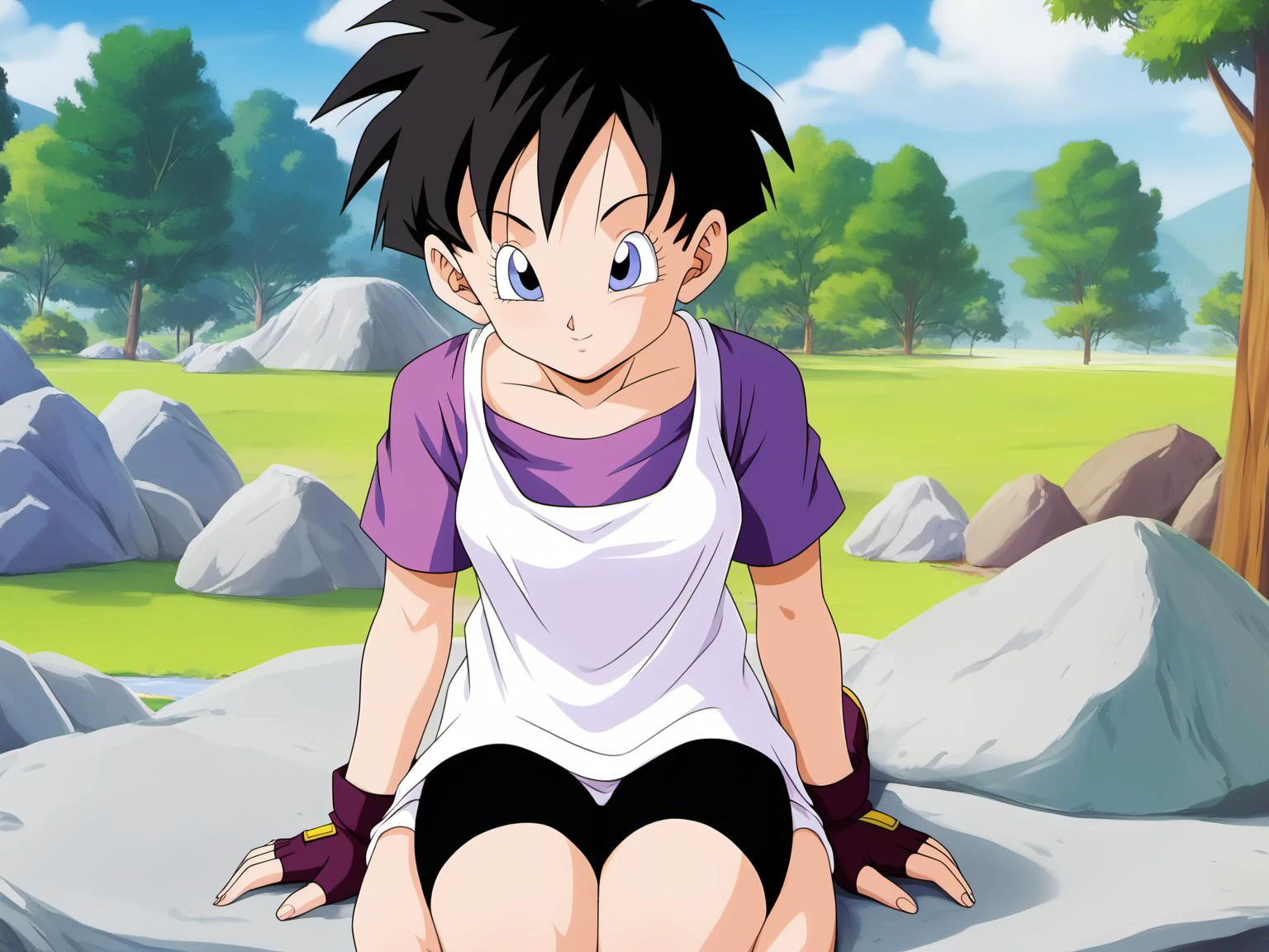 Videl, 1girl, short hair, spiked hair, blue eyes, fingerless gloves, bike shorts, <lora:VidelSDXLMulti-Test-16-16-C-Test-2:0.7>, outdoors, open field, trees, rocks, solo, masterpiece, best quality, purple shirt, white shirt, highly detailed, 8k, sitting, meditating,