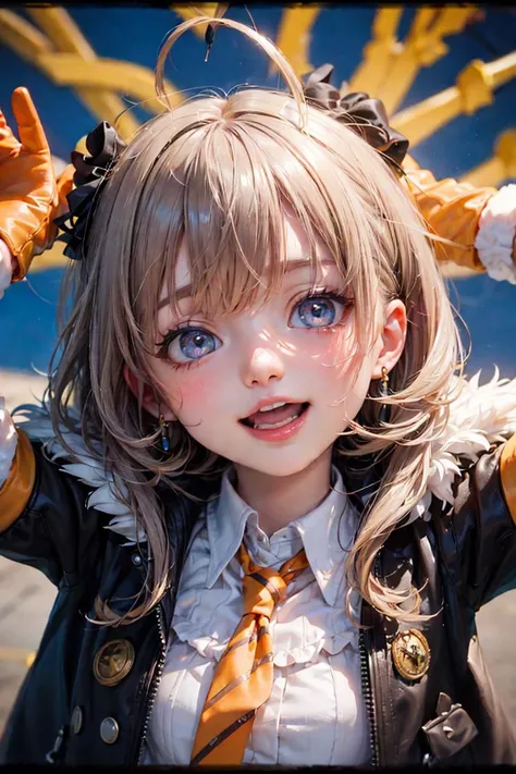 lomography, (analog photography: 1.2), vibrant colors, soft focus, light leaks, dreamy atmosphere, experimental charm, nostalgic appeal,cross tie,double v,vocaloid,solo,ahoge,fur-trimmed jacket,jacket,voiceroid,ribbed shirt,gloves,1girl,vertical stripes,striped,orange gloves,fingerless gloves,striped gloves,fur trim,simple background,white shirt,kizuna akari,earpiece,head tilt,looking at viewer,collared shirt,blue eyes,hair ornament,v,open mouth,arms up,portrait,smile,vertical-striped gloves,blue background,sahata saba,long hair,white hair,shirt,brown jacket