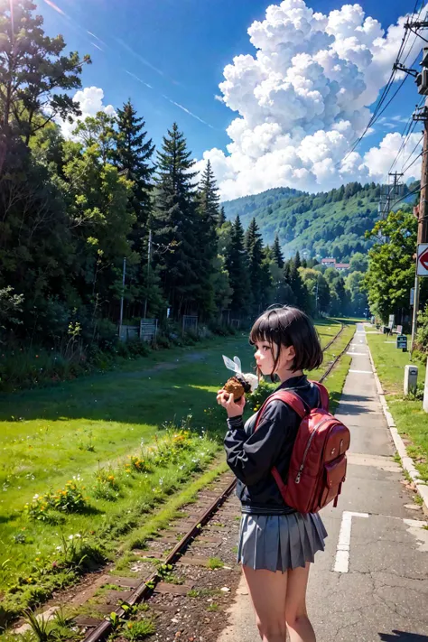 unworn backpack,white shirt,cloud,bag,long sleeves,miniskirt,food,shoes,utility pole,shirt,train,holding food,taizo \(taizo 03\),onigiri,backpack,grass,eating,scenery,abandoned,skirt,unworn bag,short hair,day,1girl,overgrown,holding,grey skirt,solo,pleated skirt,highres,railroad tracks,wide shot,outdoors