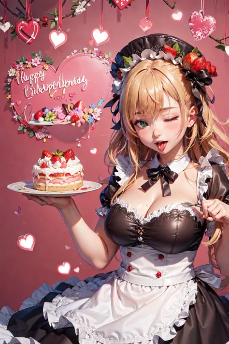 knife,fruit,hair flower,apron,yomi \(senran kagura\),food on face,chocolate on face,maid,maid apron,frilled apron,chocolate,frilled cuffs,highres,cleavage cutout,cleavage,clothing cutout,hair ornament,mini chef hat,happy birthday,valentine,i heart...,flower,licking lips,happy valentine,large breasts,holding knife,food,whisk,tongue out,holding,one eye closed,frills,light blush,breasts,senran kagura,1girl,ribbon,strawberry,blonde hair,ryou.r,heart,green eyes,holding food,long hair,cake,red background,hat,hat ribbon,holding whisk,holding cake,ribbon trim,bean sprout,tongue