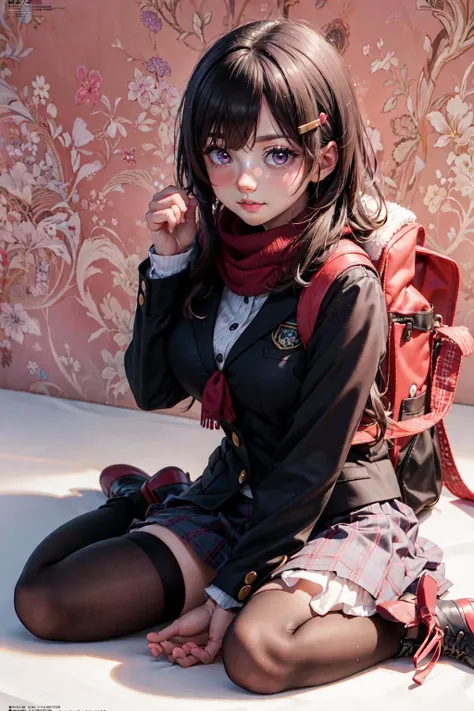 highres, ultra highres, absurdres, 4K, 8K, 16K, hyper detailed, intricate detailed, amazing shading, super fine illustration, big, breasts, large, breasts, hanging, breasts,rabbit hair ornament,jacket,aged down,backpack,looking at viewer,randoseru,black hair,long hair,1girl,black jacket,purple eyes,school uniform,official art,sitting,seishun buta yarou,skirt,sakurajima mai,soles,pink footwear,solo,highres,hair ornament,scarf,absurdres,brown skirt,red background,hairclip,wariza,black thighhighs,red scarf,thighhighs,bag