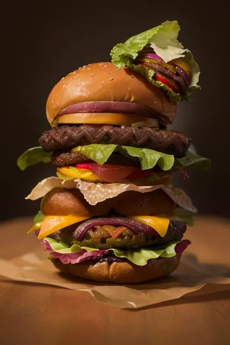 (8k, best quality, masterpiece), realistic, (hamberger:1.4), black background, spotlight
