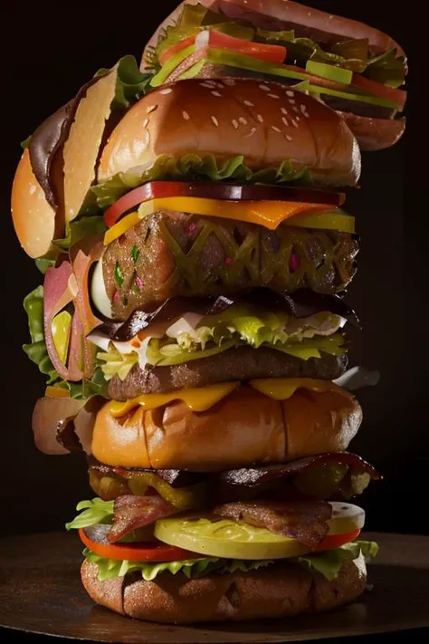 (8k, best quality, masterpiece), realistic, (hamberger:1.4), black background, spotlight