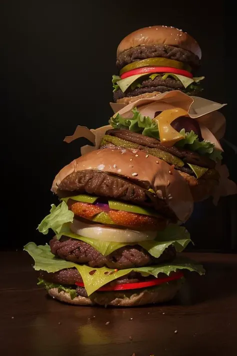 (8k, best quality, masterpiece), realistic, (hamberger:1.4), black background, spotlight