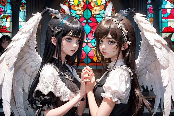 illustration, best quality, ultra-detailed, super detailed skin, extremely detailed, 8K, extremely detailed and delicate anime face and eyes, intricate details, detailed background, masterpiece, high resolution, ((kawaii)), ((2girls)), cute, (2girl are facing each other, 2girl are look at each other:1.4), hair accessory, from side, holding hands, cheek-to-cheek, kneeling, ADDCOMMON (backlight:1.2), church, (stained glass:1.4), ADDBASE (black gothic dress, black feather, black wings, black hair, brown eyes:1.5), ADDCOL (white gothic dress, white feather, white wings, blonde hair, blue eyes:1.5)