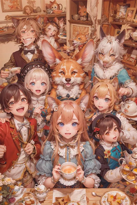 highest quality, Best Quality, High-quality illustrations, masutepiece, è¶A high resolution, Detailed background, Detailed background, Alice's Adventures in Wonderland, The World of Picture Books, tea parties, in group photograph:0.1, 6+Boys, 6+Girls, Happy, Joyful, absurderes(very detailed beautiful face and eyes)Perfect Anatomy(ããã®, furry anthro)Selfie:0.1,