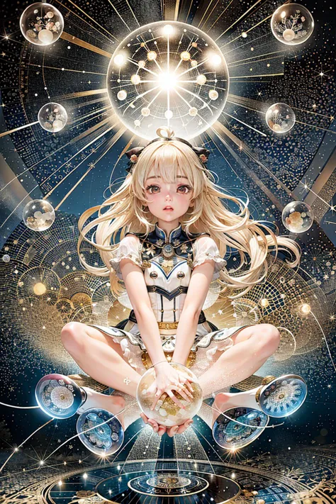 (kawaii background:1.3), (extremely detailed fine touch:1.3), (hard light, studio light, light rays, dappled light, reflection, shadows, ray tracing:1.0), ///, girl, long hair, light blonde, Princess, full body, sky, cloud, flower, glass shoes, mandala, stained glass, mosaic, snowflake, crystal, gemstone, rainbow, bubbles, (RGB effect:1.3), (reflect:1.3), light, (too many small spherical lights flying around in the air:1.4)