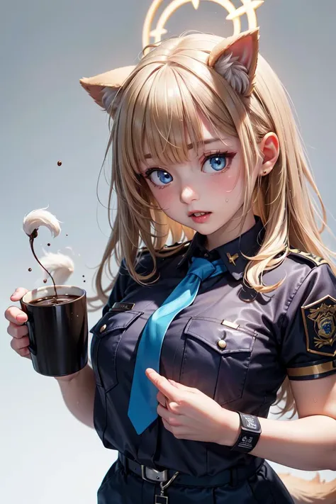 (1toddoler: 1.2), <lora:Toddler_eraser:-2>, frilled bikini,animal_ear_fluff,animal_ears,1girl,sidelocks,eyelashes,blue_necktie,solo,blonde_hair,halo,spiked_collar,necktie,police_uniform,cup,teeth,tail,absurdres,collar,sharp_teeth,spikes,blue_shirt,coffee_mug,tie_clip,kanna_\(blue_archive\),holding,long_hair,sweat,blue_eyes,mug,hair_between_eyes,dog_ears,blue_archive,coffee,breasts,very_long_hair,large_breasts,simple_background,hair_over_one_eye,holding_cup,uniform,white_background,blue_halo,dog_tail,highres,gunpuu,police,?,makeup,shirt,armband,eyeliner,looking_at_viewer,black_eyeliner
